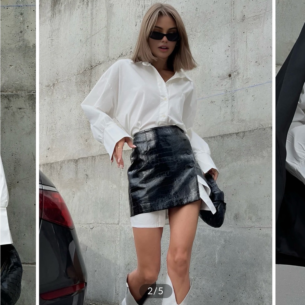 Commense White Long Sleeve with Black Leather Skirt Overlay Set M